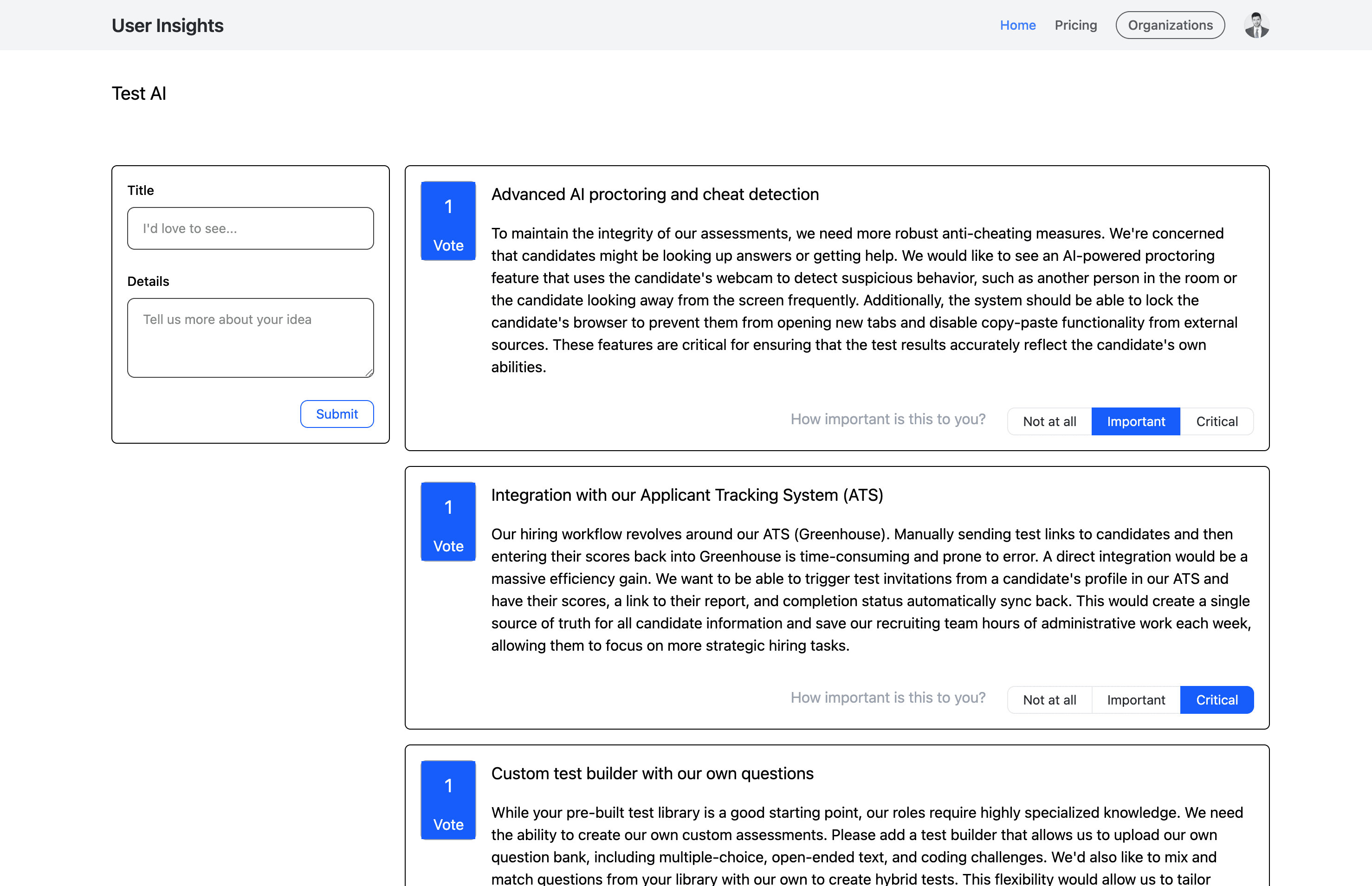Product feedback page image